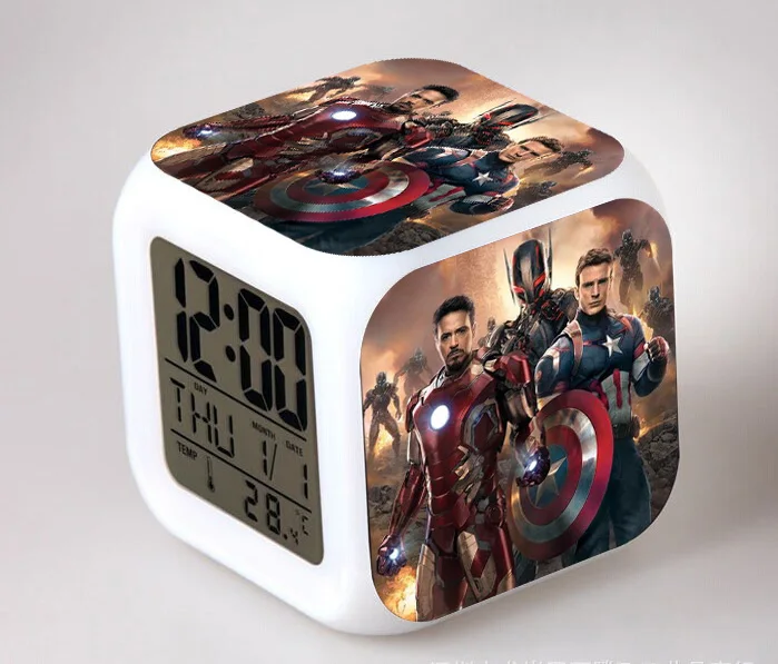 

Marvel The Avengers Color Change LED Alarm Clock Action Figure Captain America Iron Man Digital Cube Decor Lighting Toys
