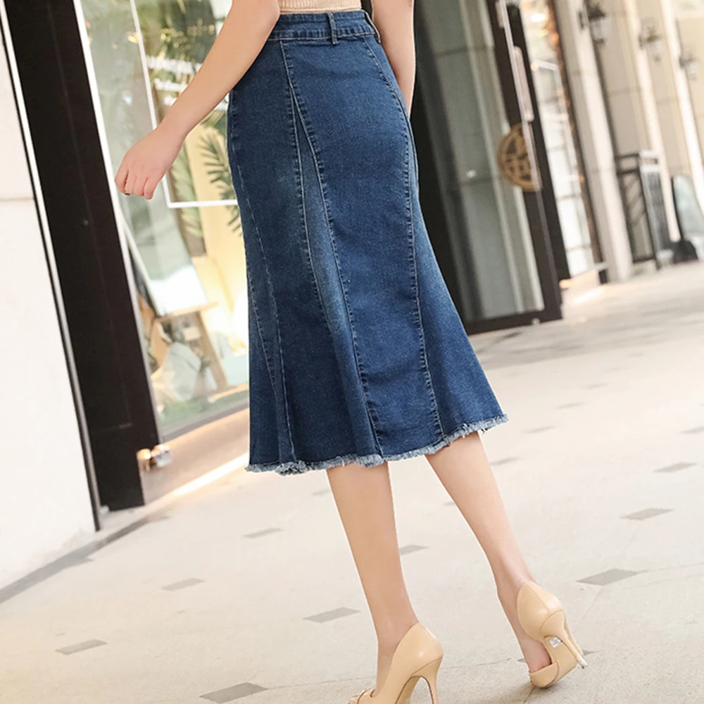 FTGSDLONG XS-8XL Plus Size Denim Skirts for Women Pocket High Waist Trumpet Skirt 2019 Fashion Solid Knee Length Skirt Casual FTGSDLONG XS-8XL Plus Size Denim Skirts for Women Pocket High Waist Trumpet Skirt 2019 Fashion Solid Knee Length Skirt Casual