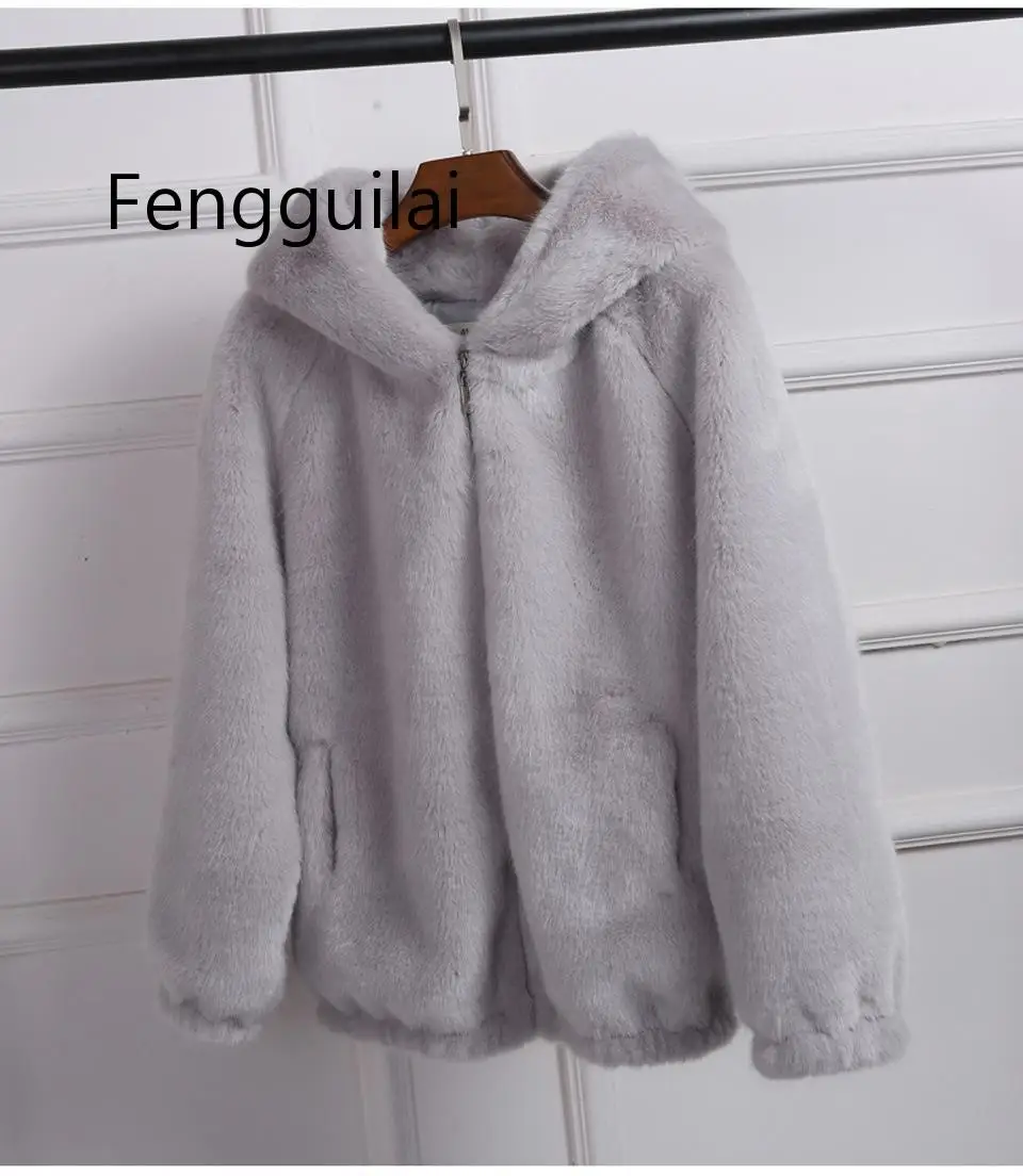 FENGGUILAI 2019 новое пальто из искусственного меха с капюшоном высокой талией Модная