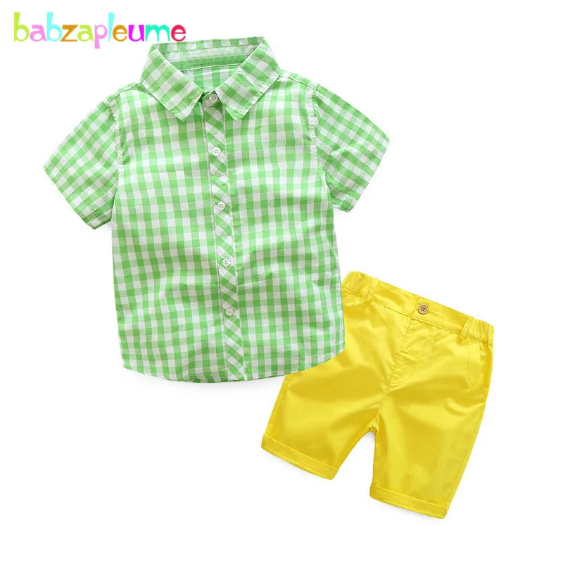 

2PCS/3-7Years/Summer Baby Boys Clothes Gentleman Kids Suits Casual Green Plaid Shirt+Yellow Shorts Children Clothing Sets BC1151