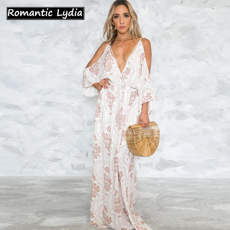 

Women Boho Summer Bohemian Dresses 2018 Floral Print Sexy Off Shoulder Cami Backless V Neck Loose White Long Beach Dress