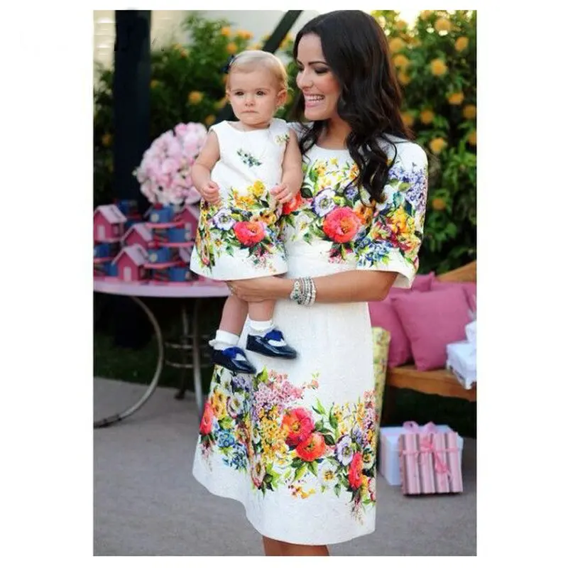 

summer style Fashion printing round collar waist parent-child outfit flower dress floral print Europe mother and daughter dress
