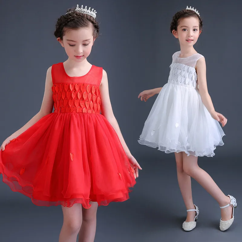 

2017 Summer Children's Day Princess Girls Dress Leaf Pattern Layer Mesh Pageant Princess Party Performance Dresses Clothes 2-12y