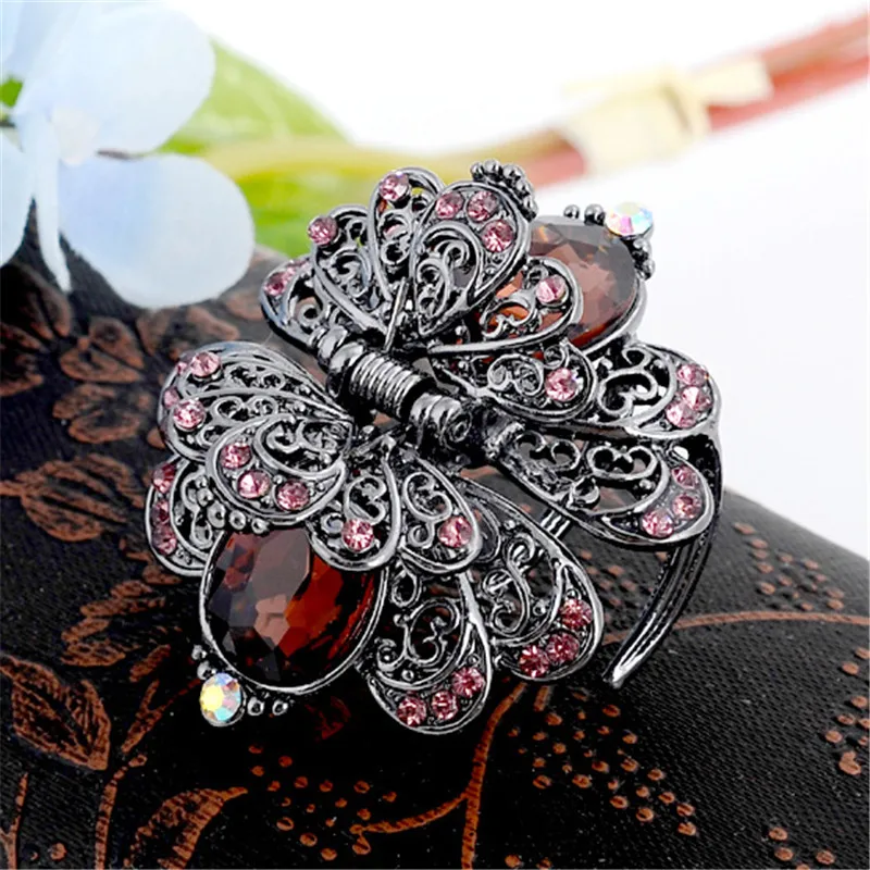 

Charm Ancient Silver Metal Crab Claw Clip For Women Vintage Rhinestone Crystal Flower Hair Clip Wedding Hair Accessories Jewelry