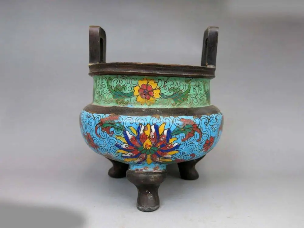 

China pure bronze Cloisonne blue and green flower Incense burner censer Statue