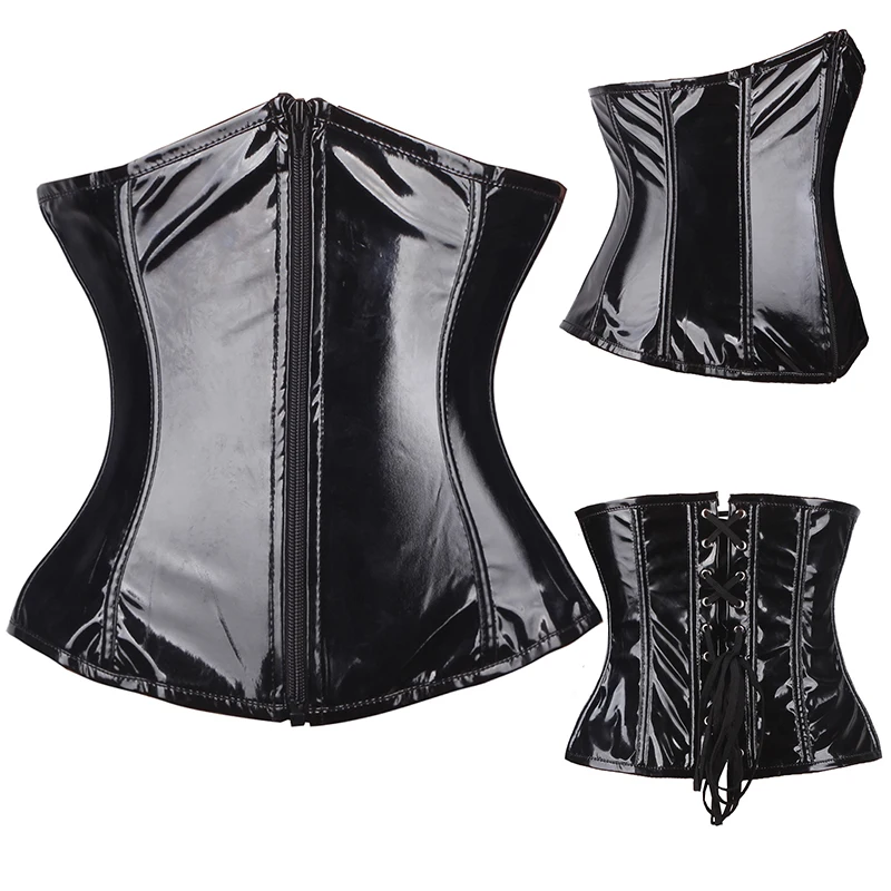 

Steampunk Black PVC Corsets And Bustiers Lace Up Back Zipper Waist Trainer Control Corset Slim Underbust Top Cincher For Women
