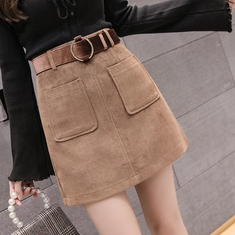 

2019 Autumn Winter A Line Corduroy Skirt Women Korean High Waist Mini Skirts Belted Pocket Saias Ladies Short Skirts Jupe Femme