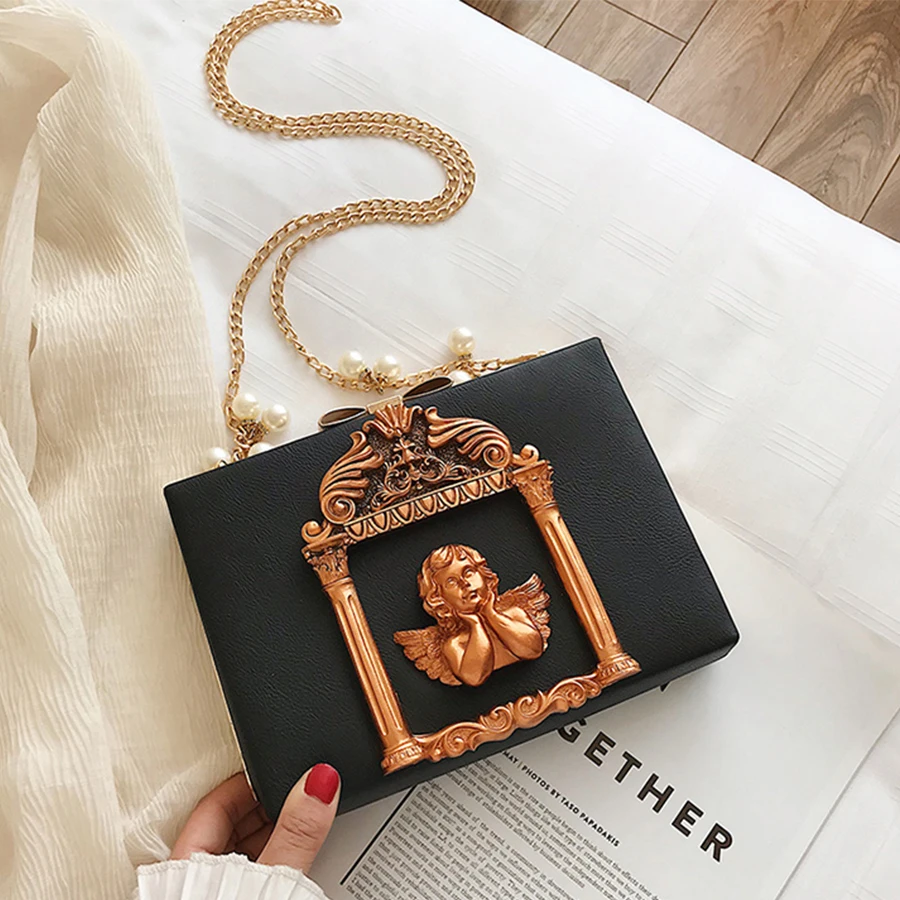 

Retro Baroque Angel Embossed Luxury Leather Bags Women Handbag Women Pearl Chain Messenger Shoulder Bags Ladies Pu Crossbody Bag