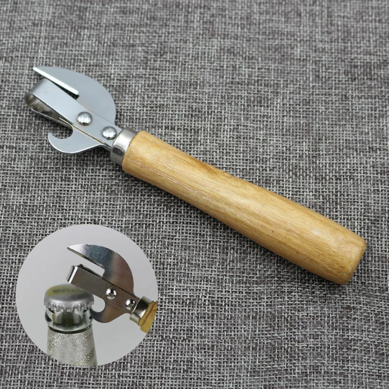 Консервный нож с деревянной ручкой, консервный нож, кухонный инструмент, металлическое покрытие, открывалка для пивных бутылок