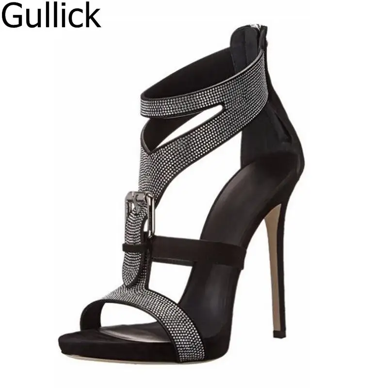 Hottest Elegant Black Color Crystal Decoration Buckle Gladiator Sandals