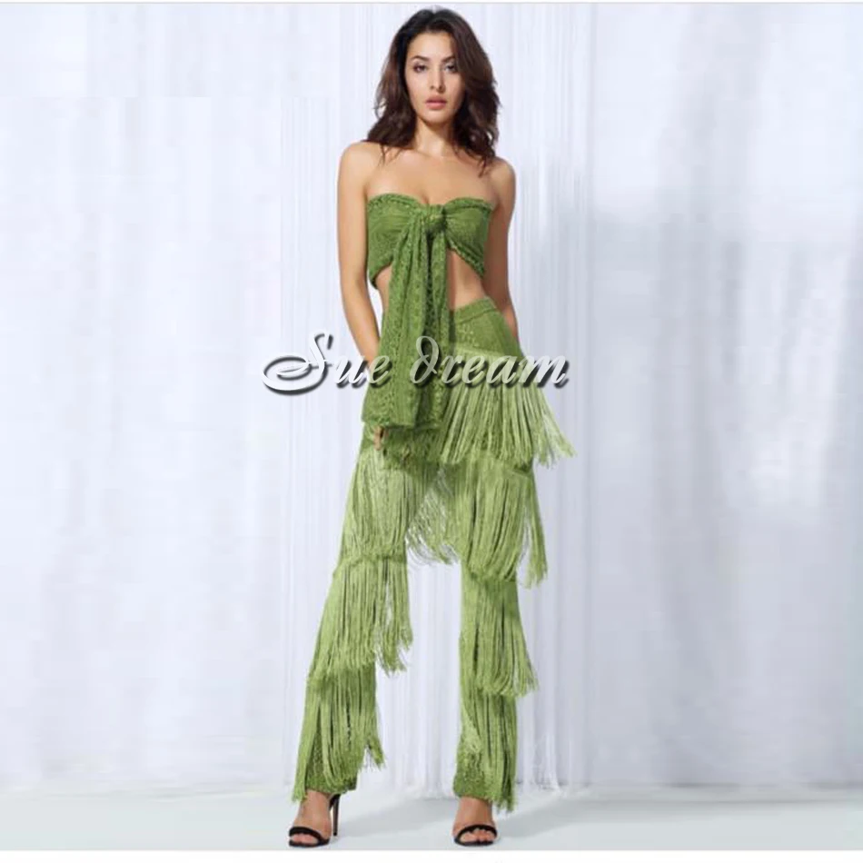 

2017 Summer new women sleeveless backless fashion bow hollow out tassel wide leg pants club black green apricot pants vestidos