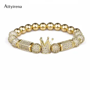 

2018 Brand Trendy Imperial Crown Charm Bracelets 8MM Micro Pave CZ Round Bead Women Men Copper Jewelry Pulseras Mujer Bileklik