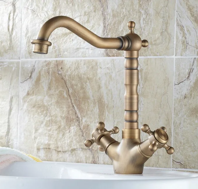 Vintage Retro Antique Brass Dual Cross Handles Bathroom Kitchen Basin Sink Faucet Mixer Tap Swivel Spout Deck Mounted msf090