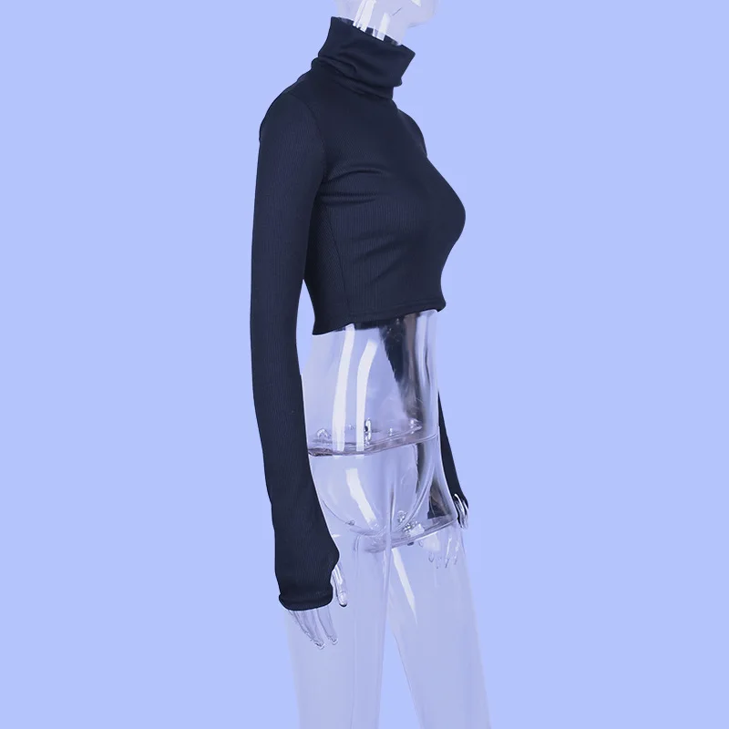 ZHYMIHRET осень зима неоновый цвет ребристая футболка для женщин длинный рукав водолазка футболка трикотажные укороченные топы Футболка Femme