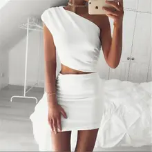 Элегантные дамы белый bodycon платье одно плечо сплошной сексуальный 2 шт Chic короткое платье женщины платье vestidos оптовая