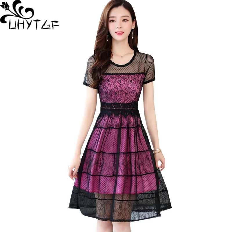 

UHYTGF New Lace Summer Dresses Womens Fashion Stitching Elegant Dress Short Sleeve Bohemia dress thin lady Big Size Dresses 414