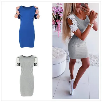 

Office ladies Dress 2019 Casual Sexy Off shoulder Short Sleeve Appliques Slim Mini Dress Gray Blue Summer Bodycon Dress Vestidos