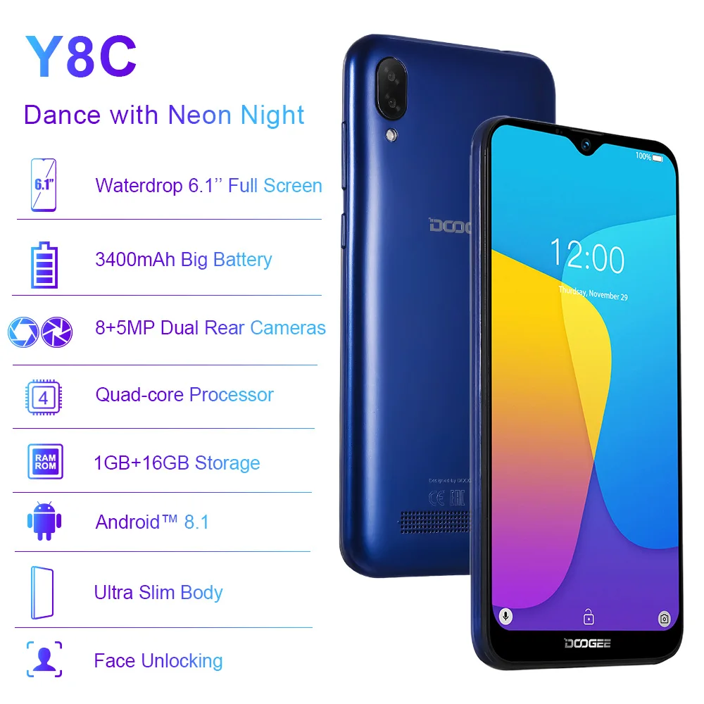 Original DOOGEE Y8c Android 8.1 6.1inch Waterdrop LTPS Screen Smartphone MTK6580 1GB RAM 16GB ROM 3400mAh Dual SIM 8MP+5MP WCDMA