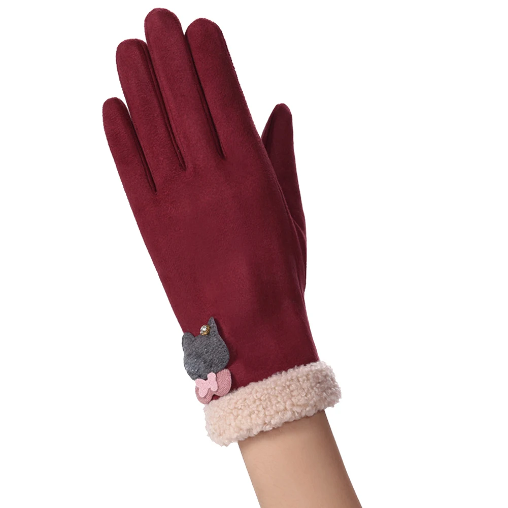 MISS M Зимние теплые перчатки для женщин, ветрозащитные плюшевые перчатки с аппликацией в виде кошки и сенсорным экраном, модные однотонные женские перчатки из искусственного меха