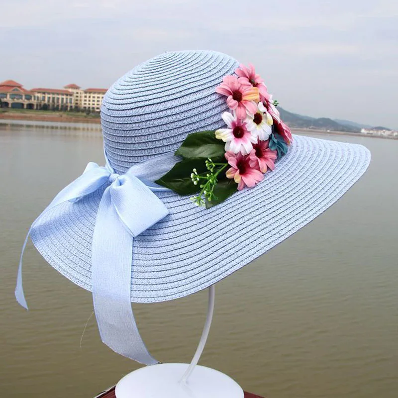 Новые женские шляпы от солнца, дышащие соломенные кепки для гольфа, Женская пляжная шляпа, свежий цветочный бант,, распродажа - Цвет: blue