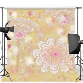 

White Pink Artificial Flowers Yellow Bokeh Wall backdrops Vinyl cloth Computer print wedding Backgrounds