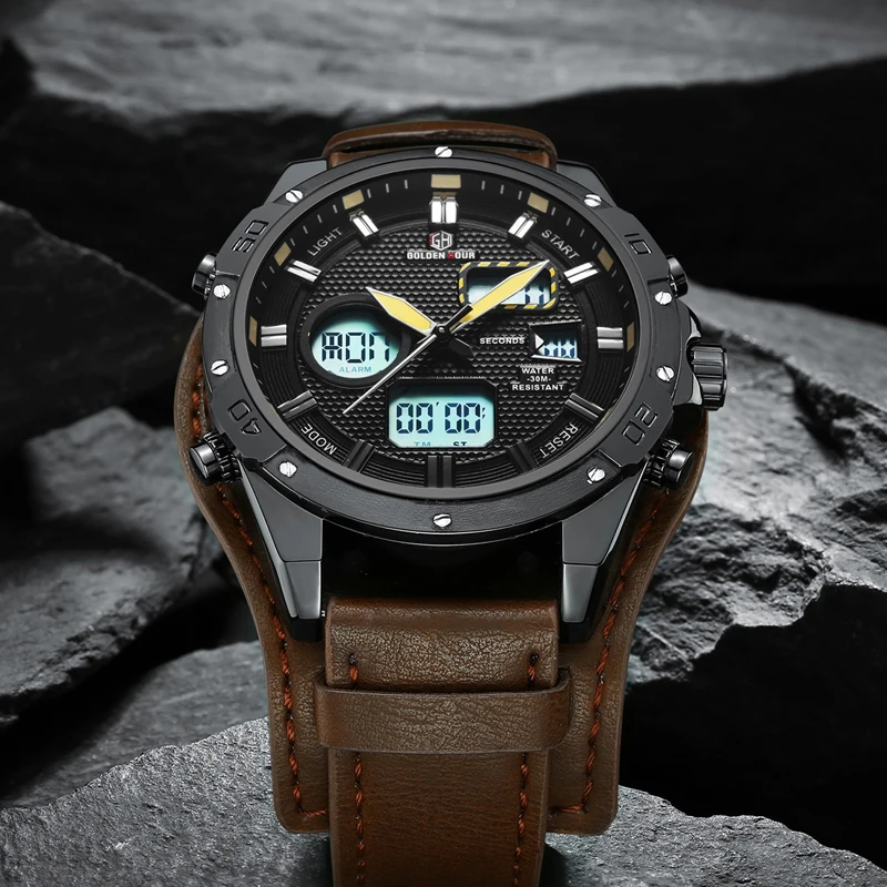 

GOLDENHOUR Men Watch Brand Fashion Sport Watches Men's Waterproof Analog Quartz Date Clock Man Leather Army Military Wrist Watch
