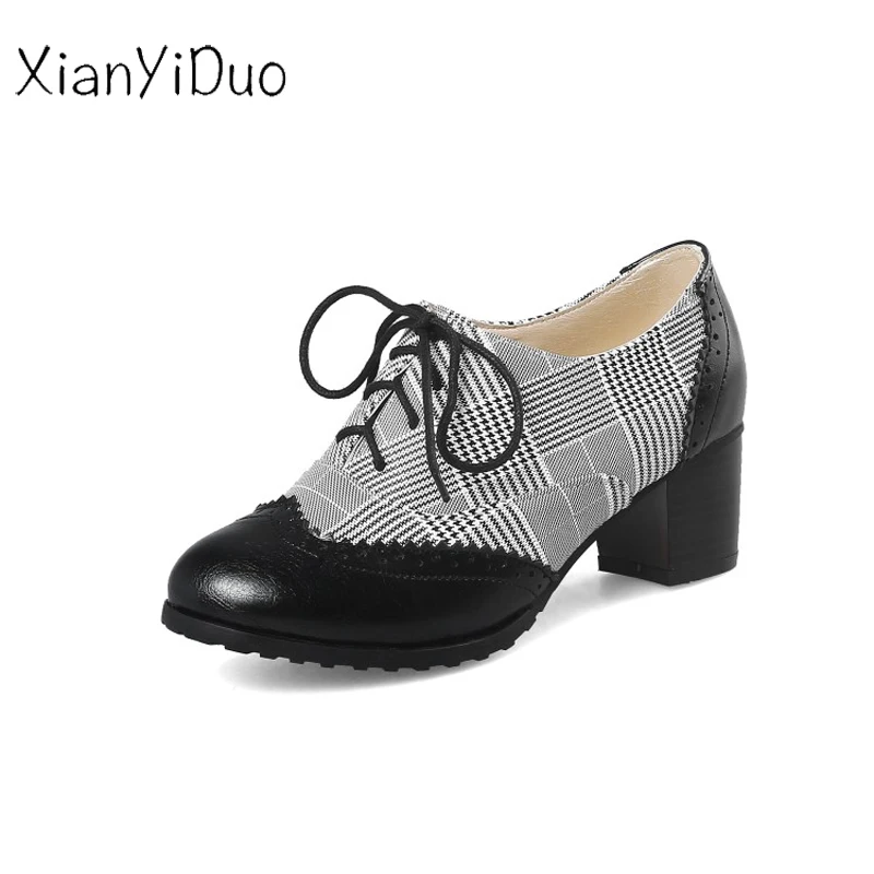 

Xianyiduo Leisure Spring/Autumn Women's Shoes Square Toe Cross-tied Med heels Pumps plus size34-48 Lace-Up ladies Colorblock/S-5