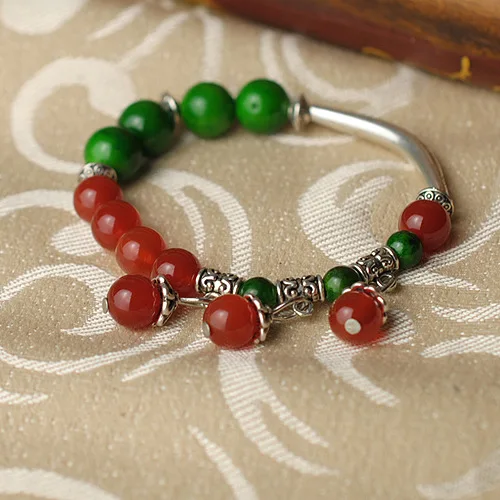 Красный Зеленый цвет браслеты из камней в этническом стиле безделушки Тибетский серебряные бокалы для вина браслет для Для женщин модные