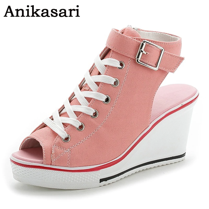 

Size 35~43 High Top Canvas Shoes Woman Spring Summer Style Open Toe Wedge Platform Shoes Women Wedges Hidden Heels Casual Shoes