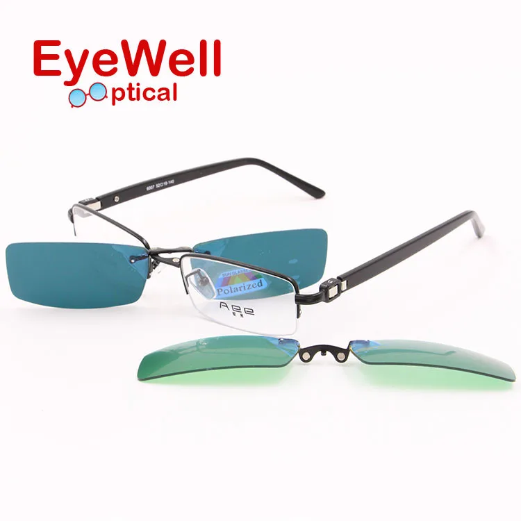 2016 popular high quality half rim metal optical frame myopia eyeglasses with clip on sunglasses polarized