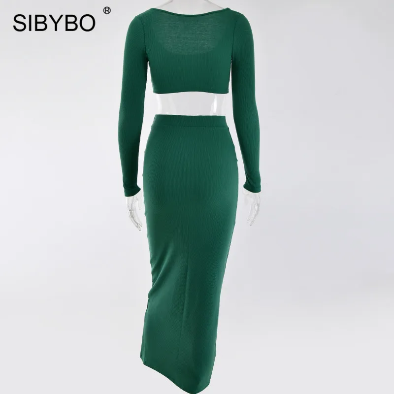 Sibybo, Ребристое, с длинным рукавом, сексуальное, из двух частей, платье, квадратный воротник, высокая талия, повседневное, облегающее, одноцветное, Клубные, вечерние, женское платье
