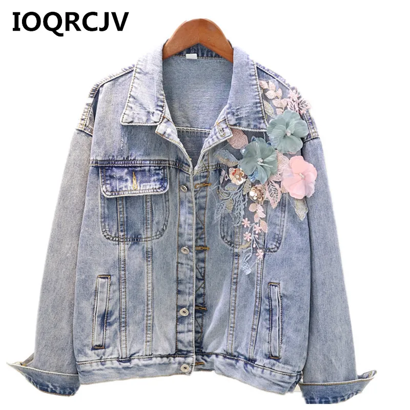 

2019 Autumn Women Basic Coat Three-dimensional Flower Embroidery Splice Denim Jacket Long Sleeve Casual Elegant Outerwear R482