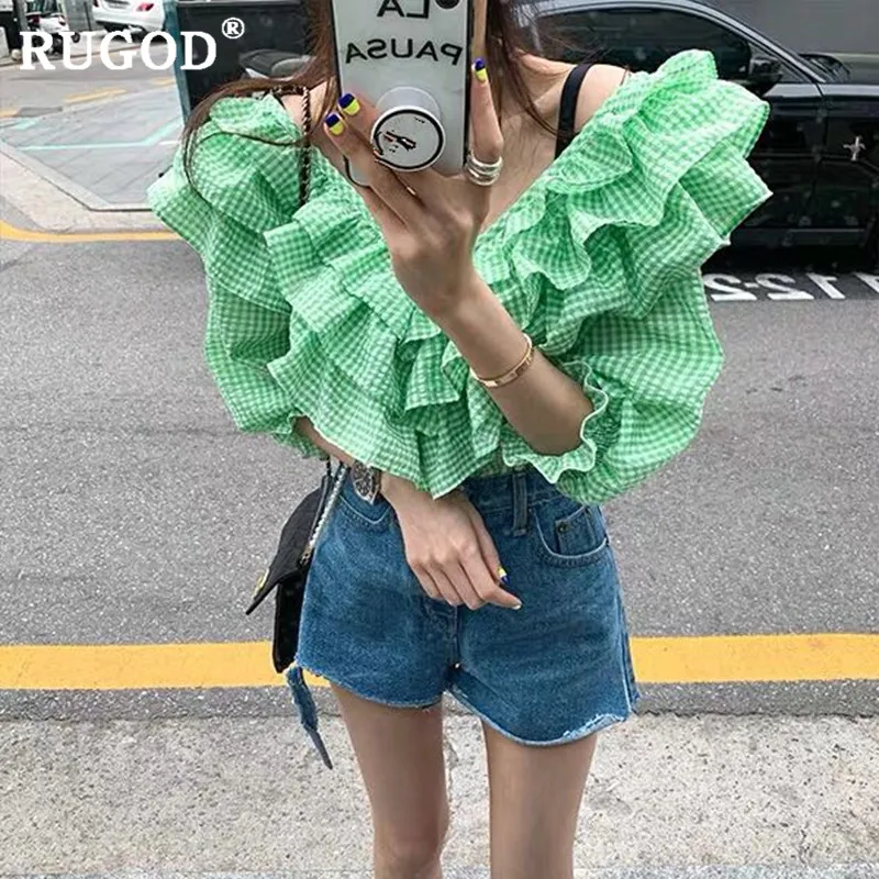 

RUGOD Korean Chic Ruffle plaid womens blouse Fashion V neck lantern sleeve shirts ladies camisas mujer summer Casual tops tee