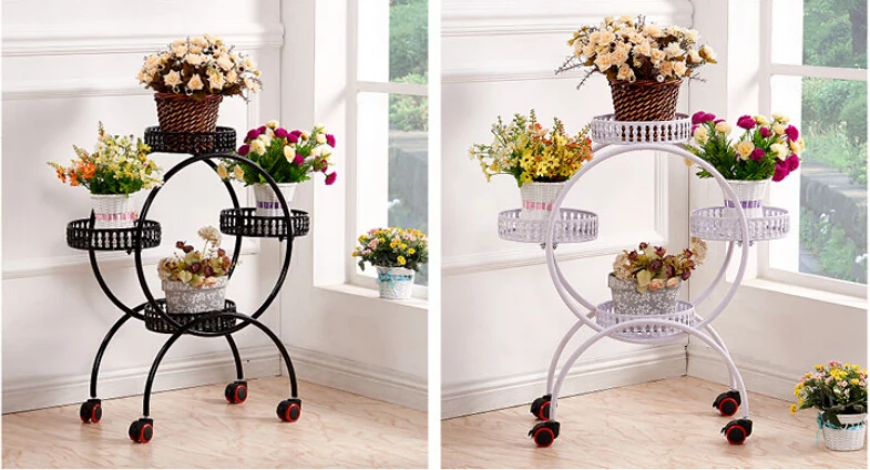 Ou shi, wrought iron multi-layer mobile push-pull florist. Pulley console pot frame.