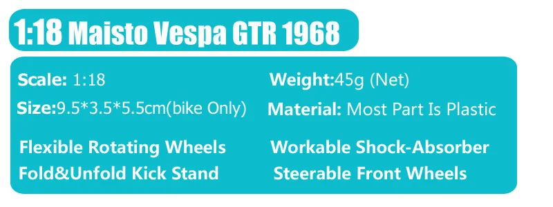 Детский 1/18 масштаб, винтажный maisto Piaggio Vespa GTR 1968 125, Моторный Скутер, мотоцикл, литая игрушка, модель для мальчика, коллекция