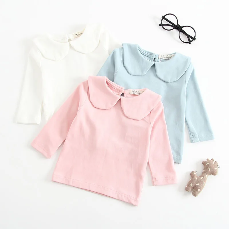 

Newborn Baby Girls T Shirt Fashion Princess Peter Pan Collar Pink White Cotton Solid Long Sleeve Blouse T-Shirt Bottoming Shirts