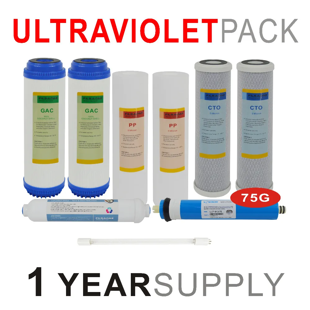 

1 Year Ultraviolet Reverse Osmosis System Replacement Filter Set - 9 Filters with UV and 75G RO Membrane - 10" size water filter