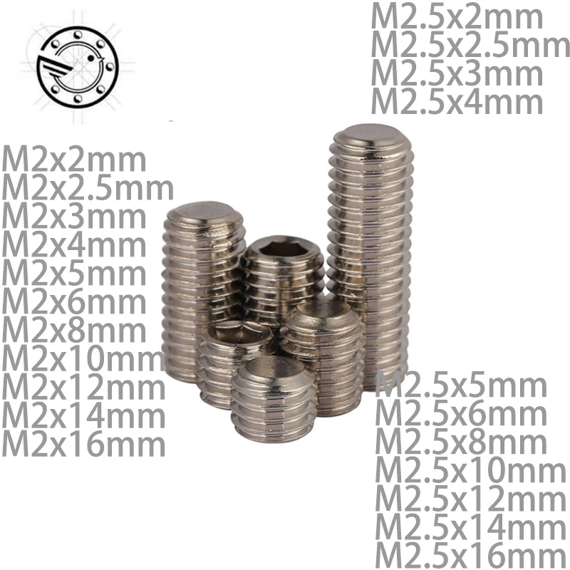 

100Pcs DIN913 M2 M2.5 304 Stainless Steel Metric Thread Grub Screws Flat Point Hexagon Socket Set Screws Headless