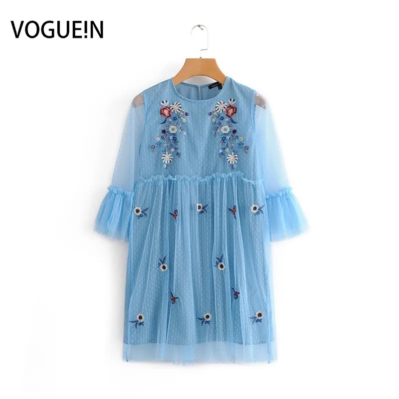 

New Womens Embroidery Floral Mesh 3/4 Sleeve Light Blue Mini Dress