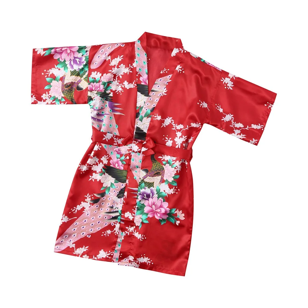 Одежда для малышей Детская одежда для девочек с цветочным рисунком Шелковый атласное кимоно; наряд халат, одежда для сна пижамы для детей