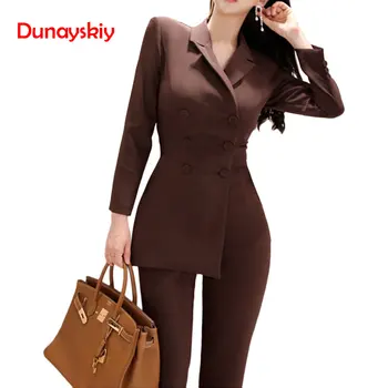 

Women Fashion Formal Long Sleeve Doubled Breasted Top Skinny Pockets Pant 2020 New Spring Hots Sale Turn-down Collar Brown
