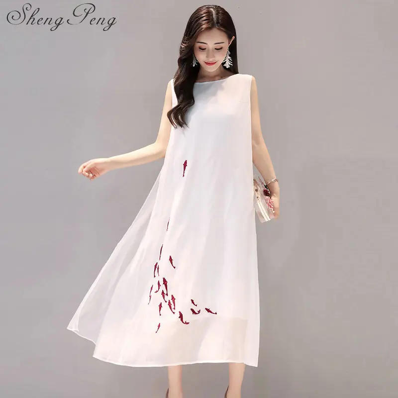 

Chinese oriental dresses mandarin collar sleeveless long linen dresses summer elegant ladies white cotton sundress V007