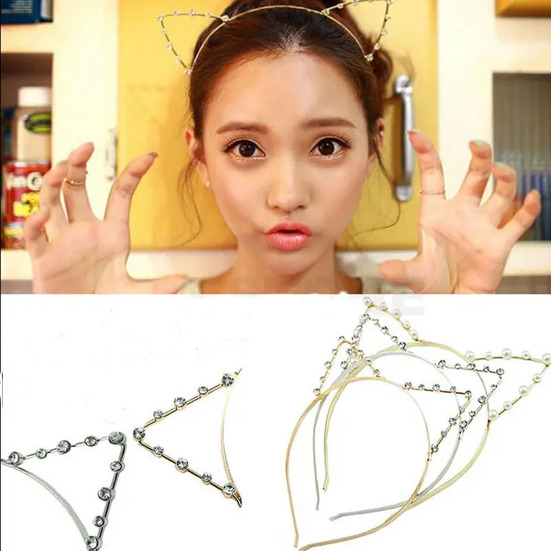 1 pcs Women Cat Ears Faux Pearl Rhinestones Alloy Headband Fashion