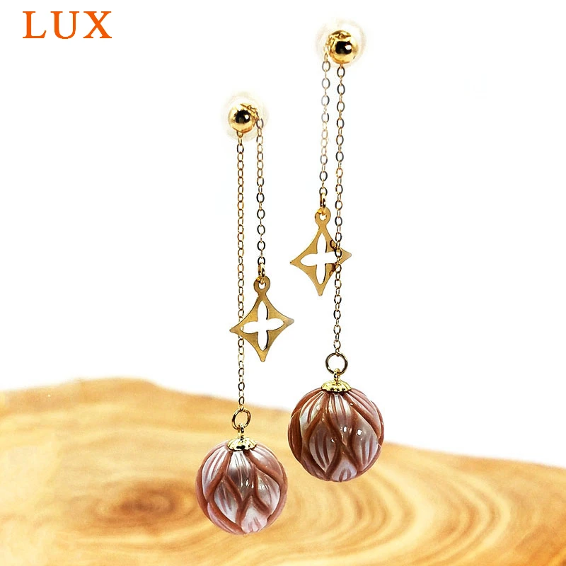 

LUX Natural freshwater pearl hand carved round shape flower design pearl earrings 18ks gold color plated earrings