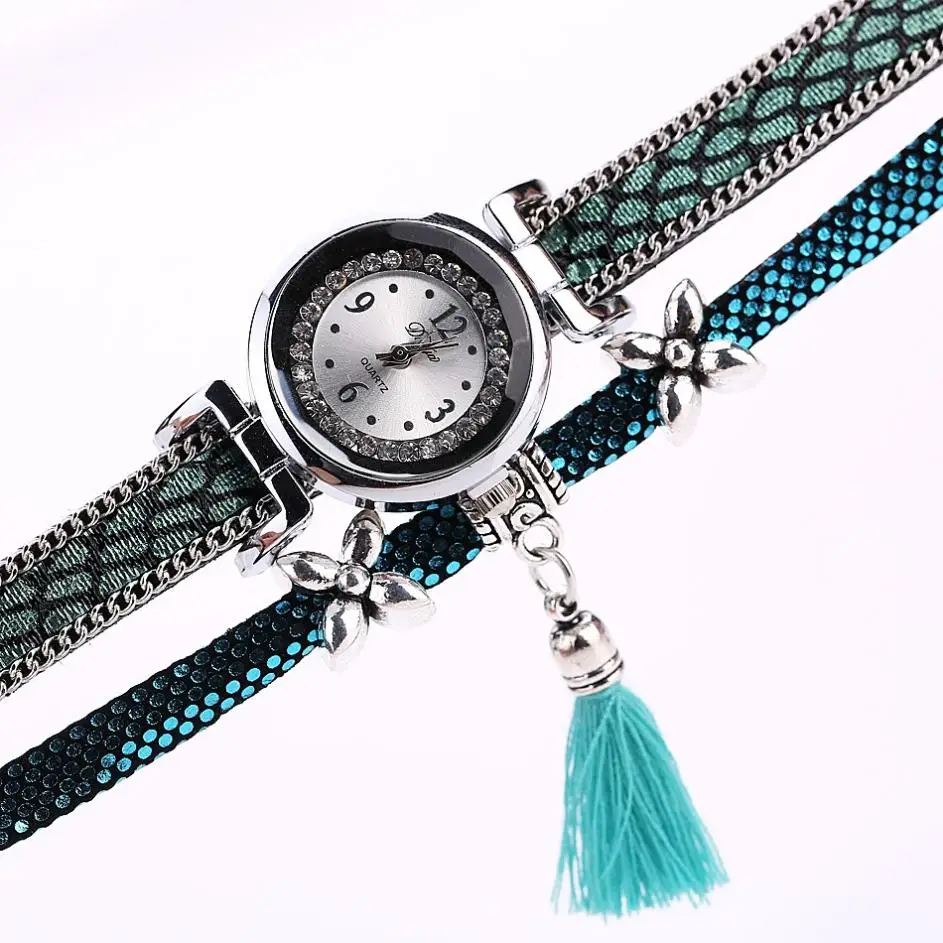 Женская мода Дамы искусственная кожа стразы Аналоговые кварцевые наручные часы богемный стиль женский браслет стильные женские часы