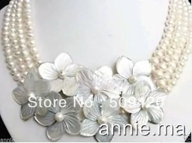 

Free Shipping >4 row 6-7mm white freshwater pearl shell flower necklace