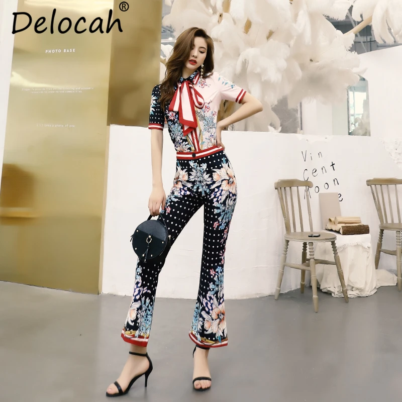 

Delocah Summer Women Suits Runway Fashion Designer Short Sleeve Bow Collar Tops + Casual Floral Print Long Pants Two Pieces Set