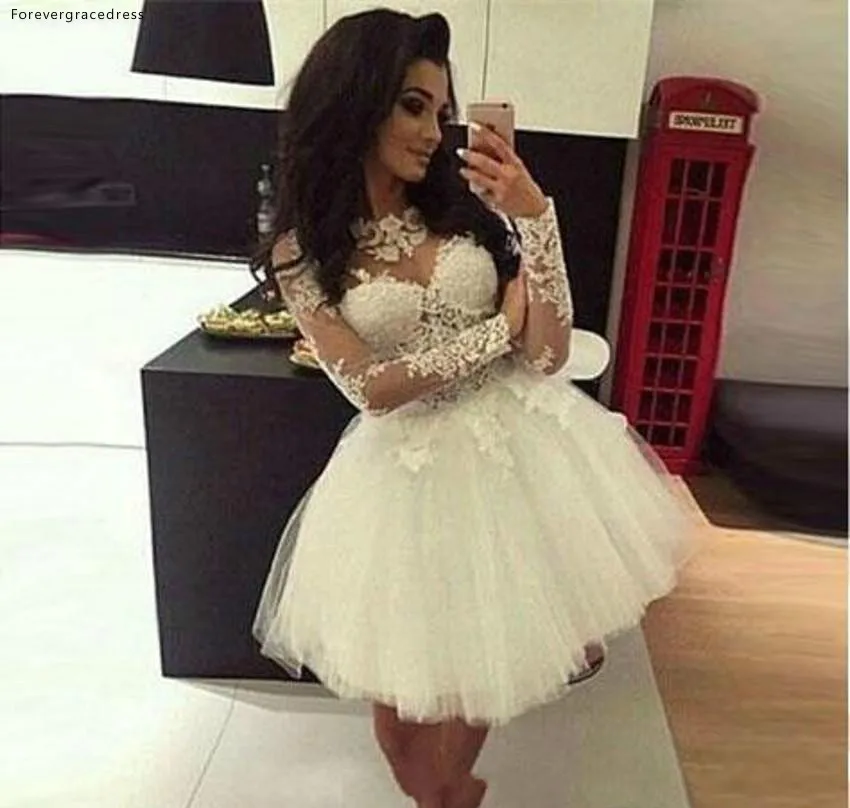 2019 White Ball Gown Cocktail Homecoming Dresses Long Sleeves Sheer Neck Sweet 16 Dresses Pageant Prom Dresses Mini Short Graduation Dress  112 (2)