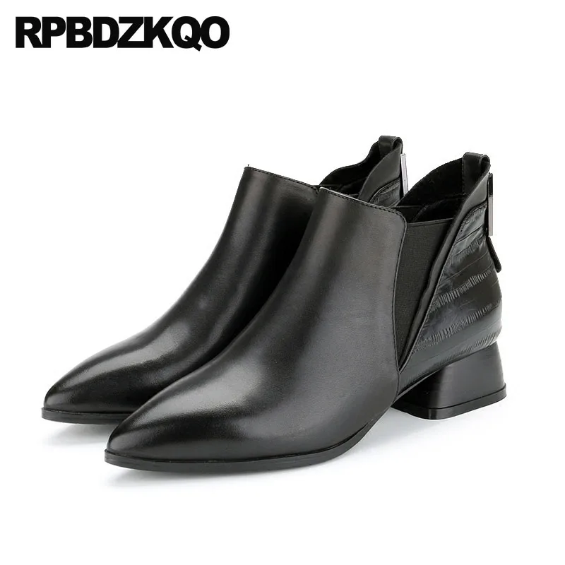 

Autumn Slip On 2018 Chelsea Pointed Toe Shoes Fur Handmade Fall Genuine Leather Chunky Brand Women Winter Boots Booties Black