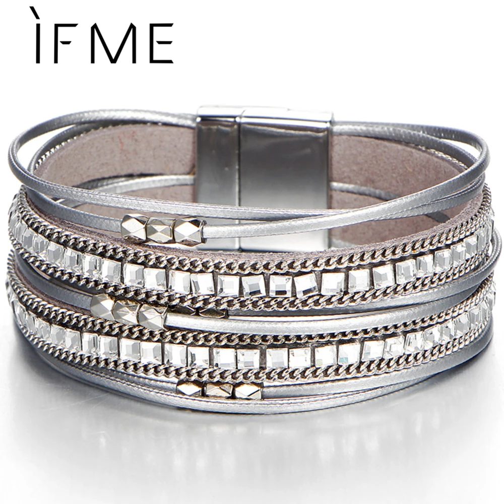 

IF ME Trendy Crystal Multiple Layers Leather Bracelets & Bangles for Women Silver Color Charm Beads Bracelet Party 2018 New Gift
